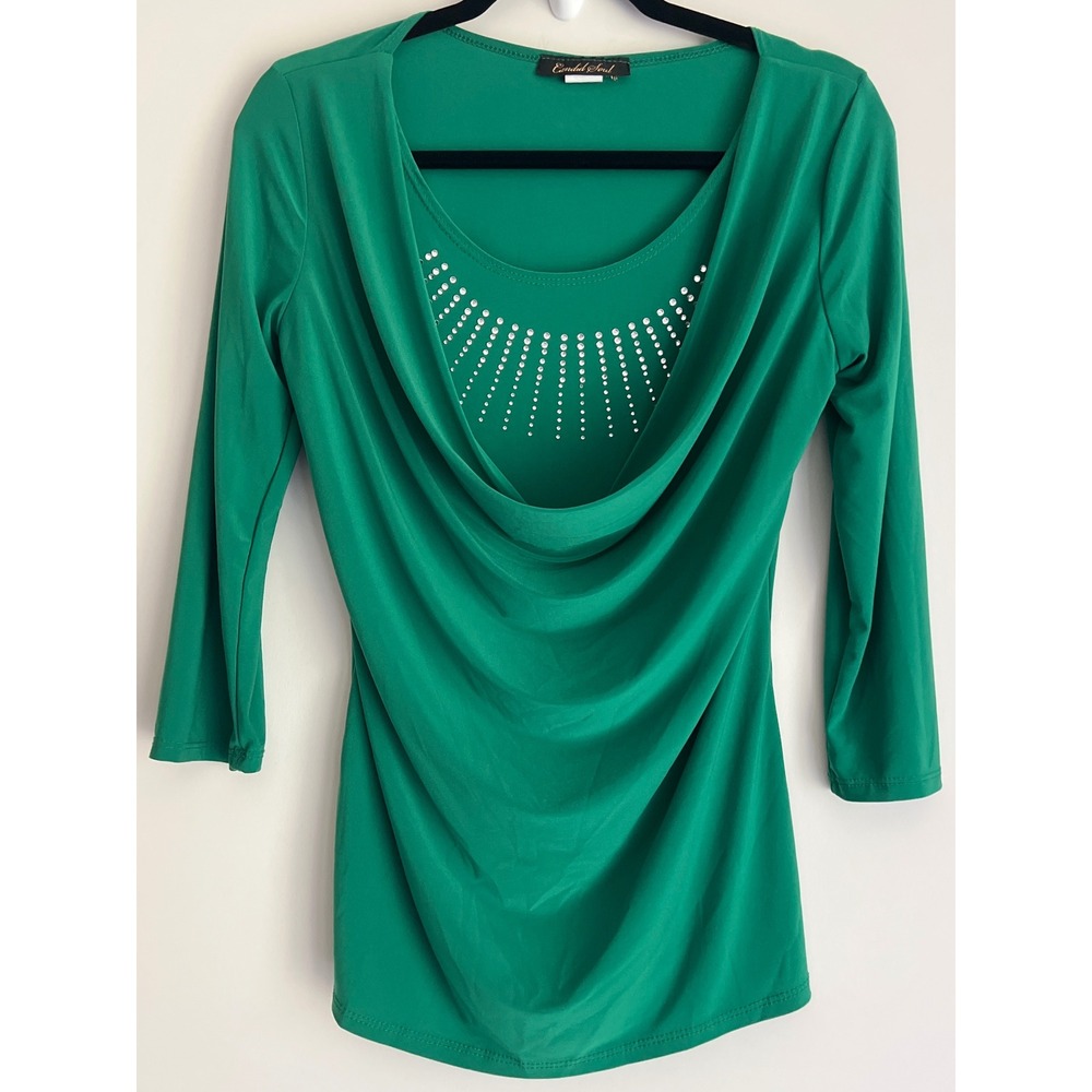 Vintage Candid Soul Women's Emerald Green Cowl Neck Rhinestone 3/4 Sleeve Top L